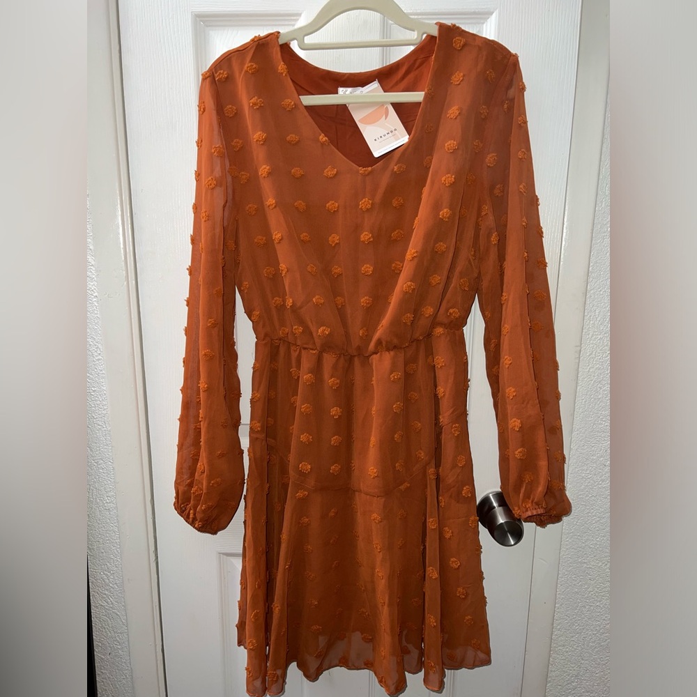 New brown polka dot dress, size small, with tags